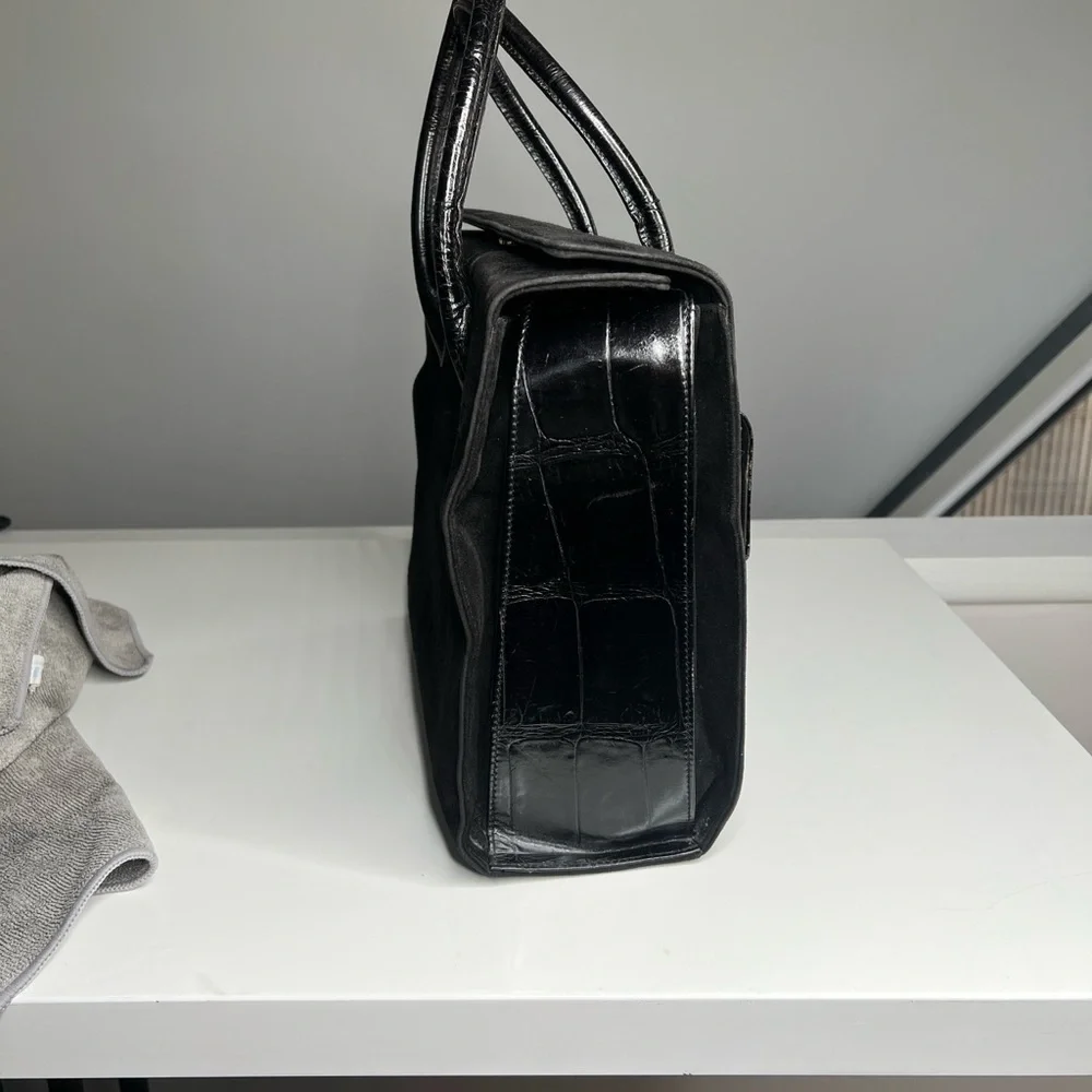 Escada Black Croc Embossed Leather Suede Pocket Structured Satchel Tote Bag